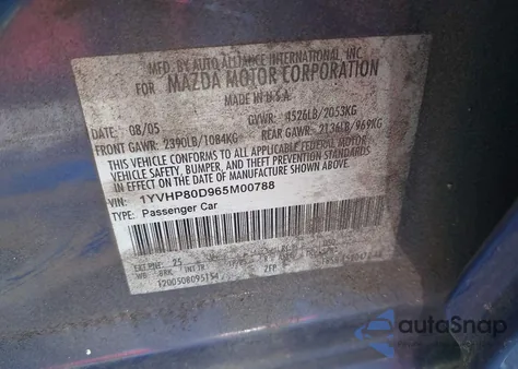 2006 Mazda Mazda6 S Sport z USA, uszkodzony, nr VIN 1YVHP80D965M00788